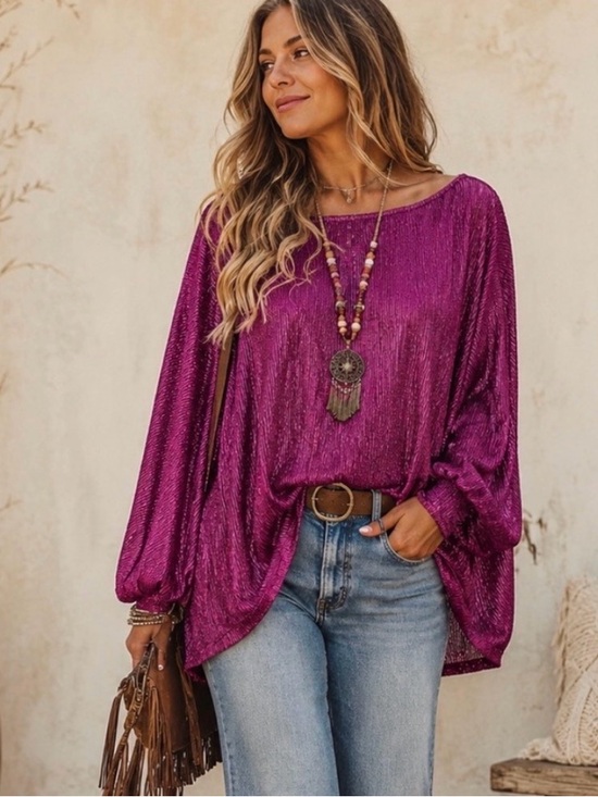 Fantastic Fawn Tops - Fantastic Fawn Shimmery Magenta Long-Sleeve Knit Top